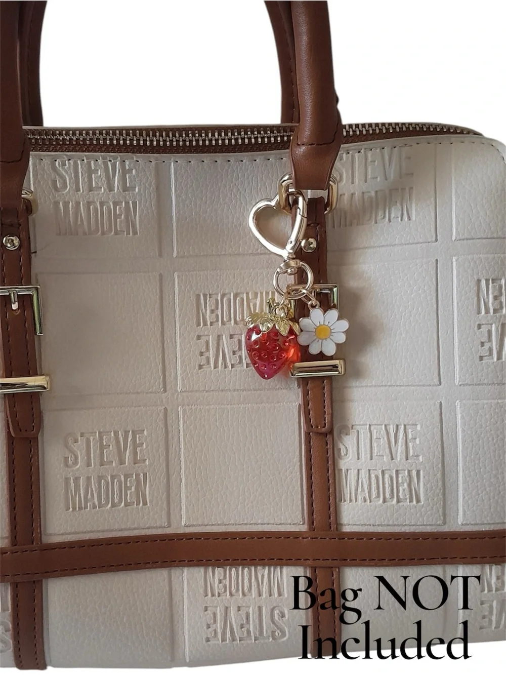Red Strawberry & White Enamel Daisy Bag Charm Gold Heart Clasp Keychain